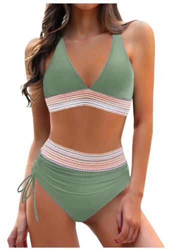 Bikini Damen Bauchweg Große Brüste Push Up V Ausschnitt Bauchweg Bikinioberteil Strandmode Zweiteiliger Badeanzug Damen Badeanzug mit Hoher Taille und Zweiteiligem Set Bauchweg Bademode