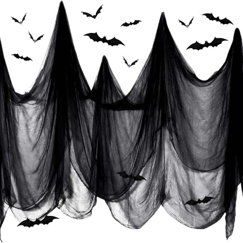IIRC Halloween Gruselige Tuch 215 x 800cm, mit 48 Fledermaus Aufkleber | Halloween Dekostoff aus Polyesterstoff Geistertuch für Innen- und Außendekoration