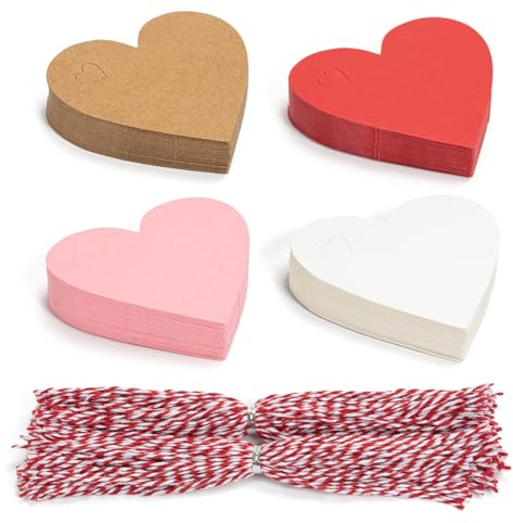 200Pcs Heart Shaped Paper Tags,Handmade with Love Kraft Paper Heart Gift Tag Red Pink Brown White Blank Tags with Hemp Rope for Christmas,Valentine‘s Day,Presents,Mother's Day,Wedding & Birthday