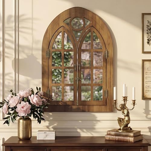 Fahomiss Espejo de Pared Estilo Ventana de Arco con Marco de Madera Abrible, Diseño de Ventana para Salón, Dormitorio & Entrada