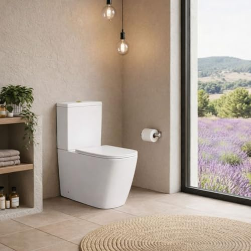 SOULHOME Pack Inodoro Completo Rimless Recto Blanco Brillo | Tapa Amortiguada | Salida Horizontal/Vertical | Doble Descarga Eco | Pulsador Dorado
