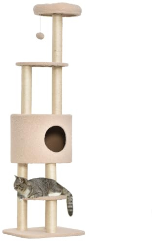PawHut Árbol Rascador para Gatos Altura 148 cm con 3 Plataformas Beige | Árbol de Actividades para Gatos, Torre, Postes de Sisal, Casita, Bola Colgante