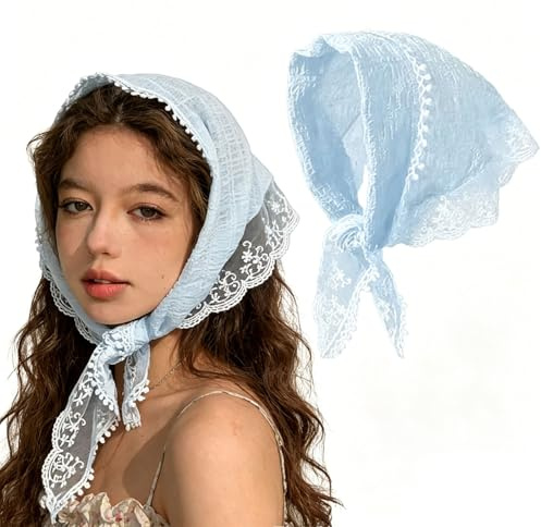 Floruvia 1 Stück Spitzen Kopftuch Stirnband Für Damen, Verstellbares Dreieckstuch Haarband, Boho Haaraccessoire Für Alltag Festival Strand Reise(Blau)