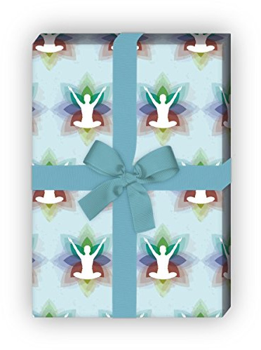 Kartenkaufrausch Hellblaues Yoga Geschenkpapier Set mit Meditation in Blüte als edle Geschenkverpackung, DIY Projekte, Basteln, 4 Bogen, 32 x 48cm