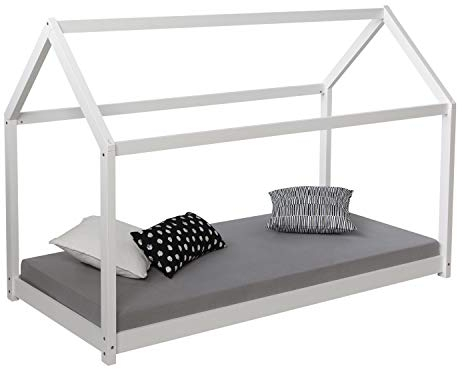 Homestyle4u 1969, Hausbett 80x160 cm Kinderbett mit Lattenrost Montessori Bett Bodenbett Weiß Holz Kiefer