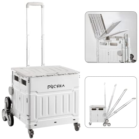 PUCHIKA Einkaufstrolley Treppensteiger klappbar, Einkaufswagen, Einkaufstrolley mit Deckel, Shopping Trolley faltbar, flachziehenbarTeleskop Griff, 8Gummiräder, 48L,Hellgrau