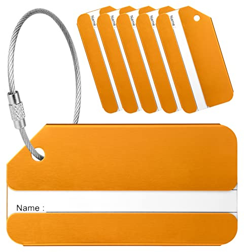 Yizhet Etiquetas para Equipaje Viaje, 6 Piezas Identificador Maletas, Aleación de Aluminio Resistente, con Anillos de Acero y Tarjeta de Identificación Impermeable de PVC, Oro