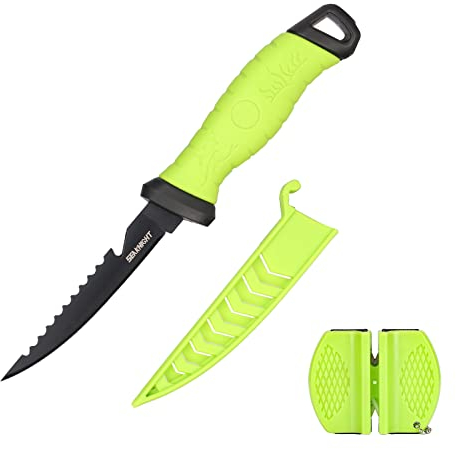 Seaknight Angelmesser 5 7 9 Rasiermesser scharfe Edelstahlklinge Filetmesser rutschfester Gummigriff inklusive Schutzscheide und Schärfer (5)