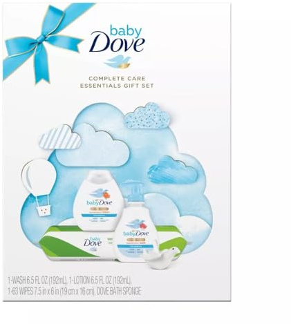 Dove Baby Complete Care Essentials Gift Set - Baby Gift Set with a Dove Baby Body Wash, a Dove Baby Lotion, a Pack of Dove Baby Wipes, and a Dove-Shaped Baby Bath Sponge (4 Piece Set)