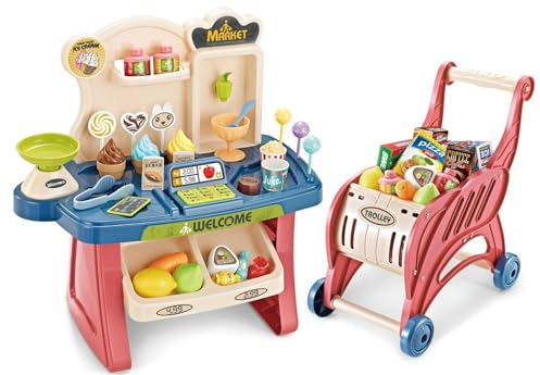 Delex Shop Toy for kids Role Play Supermarket Small Grocery Store Playset Children Shopping Trolley with Food and Accessories