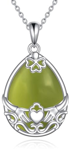 YAFEINI Peridot Claddagh Halskette für Damen 925 Sterling Silber Irischer Keltischer Claddagh Anhänger Kette Kleeblatt Peridot Schmuck Geschenke für Mädchen (Peridot Halskette)