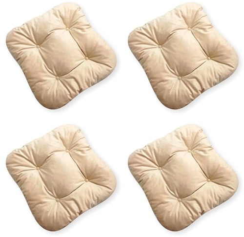 4L Textil 4er Set Stuhlkissen mit Bändern Indoor & Outdoor Sitzkissen 45x45 Gartenstuhlauflagen Sitzauflagen Bodenkissen 40x40 (Beige, 4er Set | 45x45 cm)