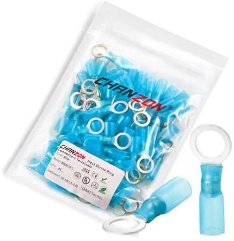 Chanzon 80pcs M8 Heat Shrink Ring Terminal 5/16 inch UL Listed 16-14AWG Gauge Eyelet Wire Connectors Waterproof Marine Grade Adhesive Lined Blue Electrical Crimp Connector for Boat Truck Stereo Car