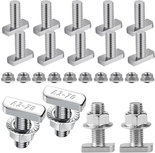 T Bolt Set M8x20mm T Slot Drop-in Bolt Hammer Head Bolts T Shape Stud Sliding Screw with 10 Pcs Hexagon Flange Nuts for Aluminum Extrusion Profile Photovoltaic Solar Mounting