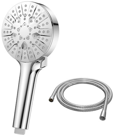 Properhome HS01 – Druckverstärkende Handbrause mit 6 Sprüharten, runder Duschkopf (110 mm), Duschkopf mit Antikalkfunktion, verchromt (inklusive Schlauch-150CM)