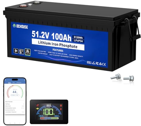 DCHOUSE Batterie de golf 48V 100Ah, BMS, moniteur LCD et application mobile Bluetooth, courant de crête 600A, jusqu'à 15000 batteries au lithium à cycles profonds pour systèmes solaires, camping-car