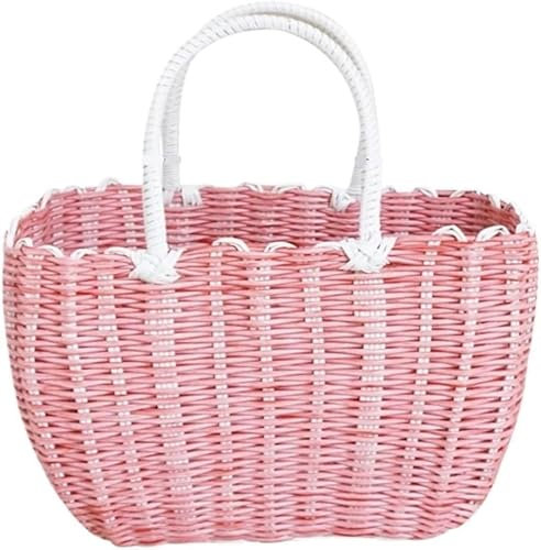 Rattan-Picknickkorb, tragbarer Gemüsekorb, gewebter Einkaufskorb, handgefertigter Obstkorb aus Kunststoff-Rattan, Picknickkorb, Picknickkorb, rosa, 24 x 18 cm
