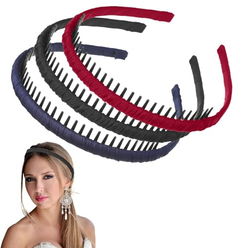 3 Pcs Shark's Tooth Hard Headbands, Plastic Teeth Combs with Non-slip Hoops & Cloth Cover, Colourful Satin Headbands Accessories for Girls, Black, Wine, Red, Cyan
