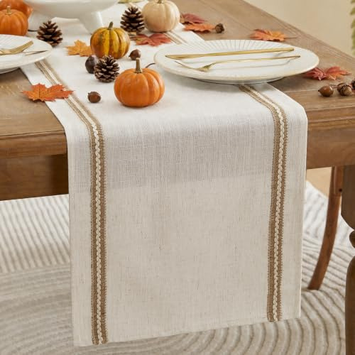 Wracra Runner Tavola Moderno Lino, Runner Bianco sporco da Tavolo con Bordo | 180 cm, semplice tinta unita, lavabile, rustico, anti-sbiadimento, anti-piega, resistenti al calore, spesso e resistente