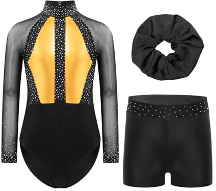 Miutii Mädchen Turnanzug Langarm Glitzer Gymnastikanzug mit kurze Hose und Haargummi Patchwork Ballettanzug Gymnastik Leotard Tanzkostüm Gold 170-176