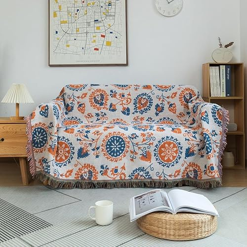 AMWAN Large 3 Cushions Floral Vintage Sofa Cover 71x134, Cotton Crochet Aesthetic Couch Cover, Living Room Durable Loveseat Cover L Shaped Sofa Cover,Multifunctional Furniture Cover Blue Orange
