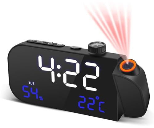Malloy Projektionswecker mit FM-Radio Fürs Schlafzimmer, 270° Drehbare Digitaluhr, Großes 7-LED-Display, Alarme