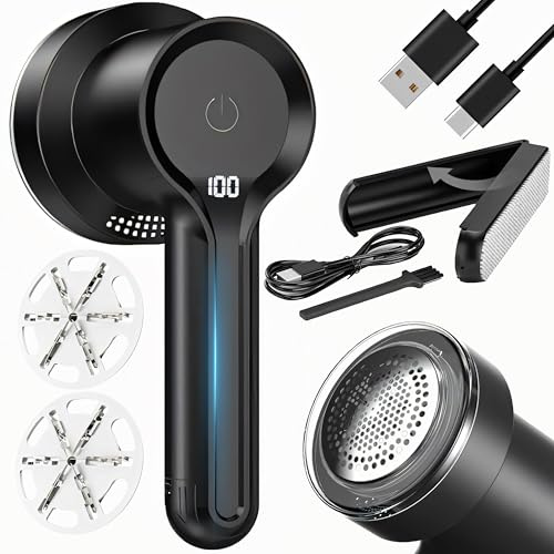 Retoo Luddrakapparat elektrisk luddborttagare luddfräs för alla tyger kläder tygrakapparat 5 W 3 hastigheter LED-display uppladdningsbar laddningskabel USB-C rengöringsborste svart