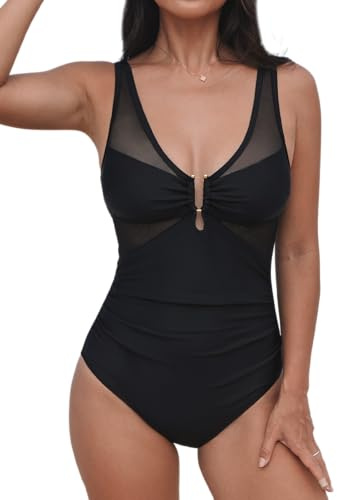 CUPSHE Damen Badeanzug Einteilige V Ausschnitt Bademode U Bügel Mesh Rückenausschnitt Hakenverschluss Verstellbare Träger Schwimmanzug Schwarz M