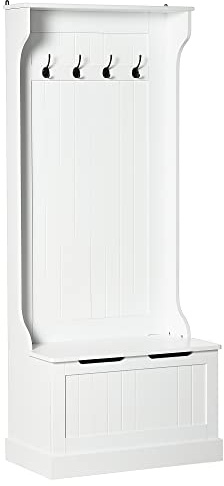 HOMCOM 3 in 1 Appendiabiti da Ingresso con Scarpiera, Attaccapanni da Terra Salvaspazio con 4 Ganci e Panca Contenitore, in MDF, per Corridoio, Camera da Letto, 71.5x39.5x170 cm, Bianco