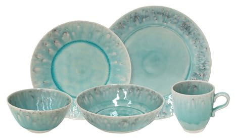 Costa Nova set de vajilla Madeira: 5 piezas de gres fino con acabado craquelado, set completo para 1 persona con plato llano, hondo, de postre, cuenco y taza, apto para lavavajillas y microondas, azul