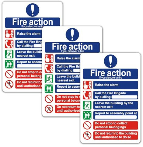 Ksvaye 3 Pcs Fire Action Notice Signs 300 x 200 mm General Fire Action 6 Message Sign Fire Safety Signs Self-Adhesive Vinyl Safety Signage Effective and Durable Emergency Fire Evacuation Procedure