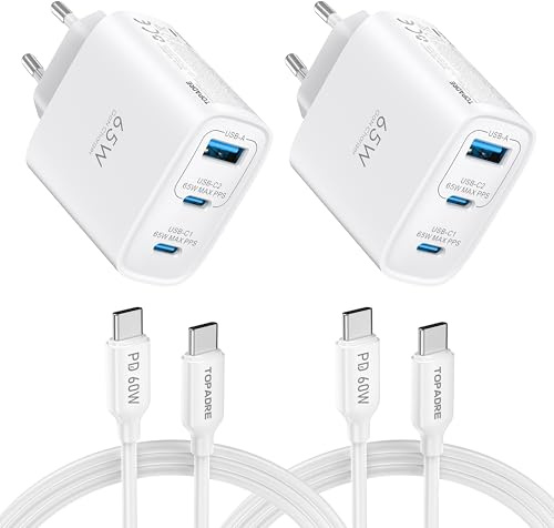 TOPADRE Chargeur USB C 65W, 2 pièces Chargeur Rapide avec 2 câbles 60W (2m) | 65W Chargeur Rapide USB C pour MacBook Pro/Air, pour iPad Air, pour iPhone 17/16/15 Pro Max, pour Galaxy S25/S24/S23, Blanc