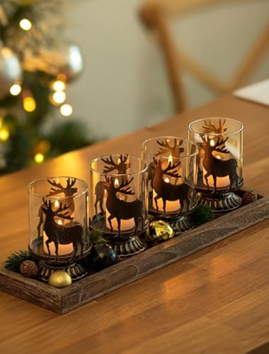 Sziqiqi Corona de Adviento para Velas de Tea - Juego de 4 Portavelas de Metal Vintage con Motivo de Ciervo para Decoración Navideña y Centro de Mesa - Negro