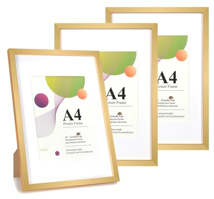 Scholartree A4-Bilderrahmen, 3er-Pack goldene Fotorahmen, mit Ständer für Tischaufstellung oder Wandbefestigung