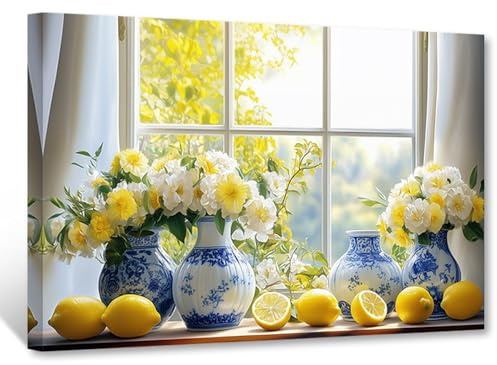 CXHOSTENT Zitronen-Wandkunst Vintage-Wandkunst für die Küche rustikale Obst-Leinwanddrucke Zitronen- und Blumenbilder Landhaus-Wohnzimmer-Schlafzimmer-Dekor Rahmen (40.00 x 50.00 cms)