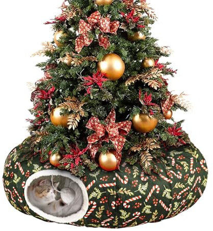 Katzentunnelbett unter dem Weihnachtsbaum, 91 x 90 x 24 cm, faltbarer Katzentunnel für Indoor-Katzen, dekorativer Tunnel für Katzen, festlicher Donut-Tunnel für kleine Tiere (Grün, Zuckerstange)