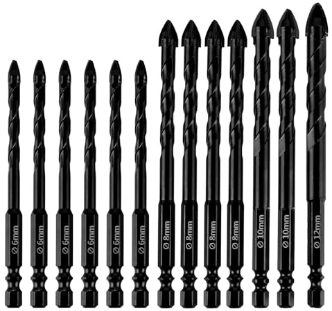 LOLYSIC 12 tlg. Fliesenbohrer Set, Hartmetall Glasbohrer Steinbohrer mit Sechskantschaft, Ø 6/8/10/12mm, Bohrer Set für Fliesen, Glas, Beton, Holz, Metall