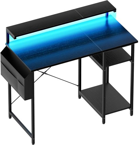 HLONONE Schreibtisch, Computertisch mit LED und Monitorständer, PC Tisch mit 2 Regale und Aufbewahrungstasche für Arbeitszimmer und Schlafzimmer, 100 x 48 x 74 cm, Stabiles Metallgestell, Schwarz