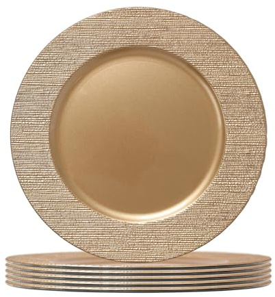 Argon Tableware Runde Platzteller - 33cm - Goldrippe - 6x Wiederverwendbar Hart Plastik Gedeckter Esstisch Hochzeit Party Dekor Dekorativ Servier Geschirr Ladegeräte Tischsets