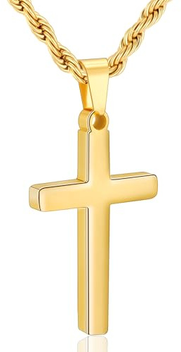 Rajputana Gold Cross Necklace Men Boys Twisted Rope Chain Cross Pendant Necklace for Men Easter Christian Baptism Jewellery Gifts 18 Inch