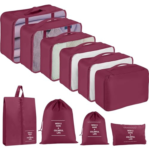 Koffer Organizer Set, 10 Stück Packing Cubes for Suitcase Travel Accessories Kofferorganizer Set Kleidertaschen Packwürfel Kosmetik Travel Organizer Packtaschen für Koffer-Burgunderrot