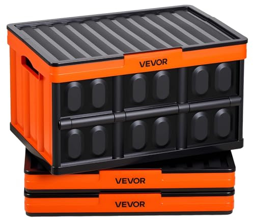 VEVOR Cajas de Almacenaje Plegables de Plástico 45 L, 3 Unidades, Contenedores de Almacenaje con Asas, Tapa Apilable, Soporta 20 kg, Ahorra Espacio para Coche Camping Organización Hogar, Naranja Negro