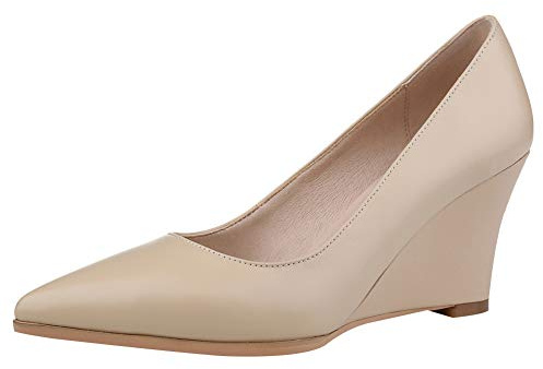Jamron Dame Äkta Läder Spetsig Tå 8CM Kilklack Pump Skor Kontorsskor Beige SN02411 EU39.5