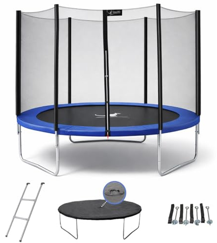 KANGUI Trampoline Enfant Extérieur Ø250 avec Filet de sécurité + échelle, Couverture de propreté et kit d’ancrage – Jardin – Bleu
