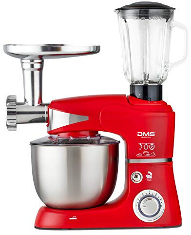 DMS 3 in 1 Küchenmaschine | Knetmaschine und Rührmaschine in einer 5 L Edelstahlschüssel mit Deckel | Fleischwolf | Mixer/Icecrusher | 6 Geschwindigkeitsstufen | Spritzschutz | Leistung 1700W | Rot