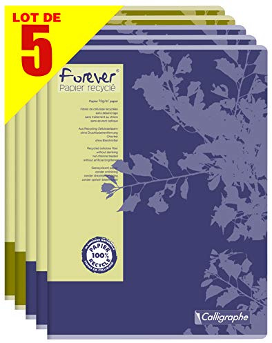 Calligraphe 17493AMZC Lot de 5 Cahiers Agrafés Forever (une Marque de Clairefontaine) - 24x32 cm - 96 Pages Grands Carreaux - Papier 100 % Recyclé 70 g - Couvertures Recyclées Couleurs Aléatoires