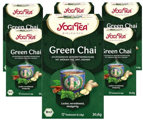 Yogi Tea Green Chai, 6x17 Beutel (102 Teebeutel) | Ayurvedischer Bio Gewürztee, Mischung aus Zimt, Krauseminze, Grüner Tee, Ingwer, Kardamom und Nelken