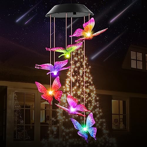 Winzwon Mariposa Campanilla de Viento Solar,Regalos para Madres,Regalo Abuela, Dia de la Madre,Regalo Cumpleaños Mujer,Led Exterior Jardin,Balcón,Patio Decoración