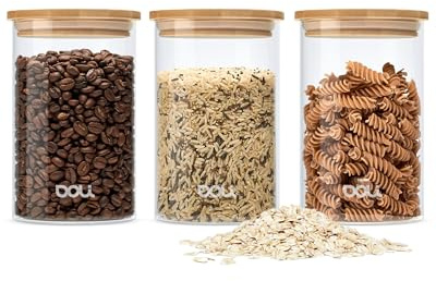 Doli Vorratsgläser mit Deckel 3er-Set - Aromadichte & Stapelbare Gläser zur Aufbewahrung - Inkl. Etiketten - Spülmaschinenfest - 3 x 1 L