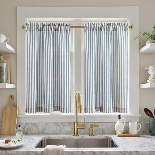 TOPICK Blue Striped Kitchen Curtains 24 Inch Drop Small Cafe Curtains Light Filtering Short Tier Curtain for Bathroom Cupboard Baset Sink RV Half Window Rod Pocket 2 Panels
